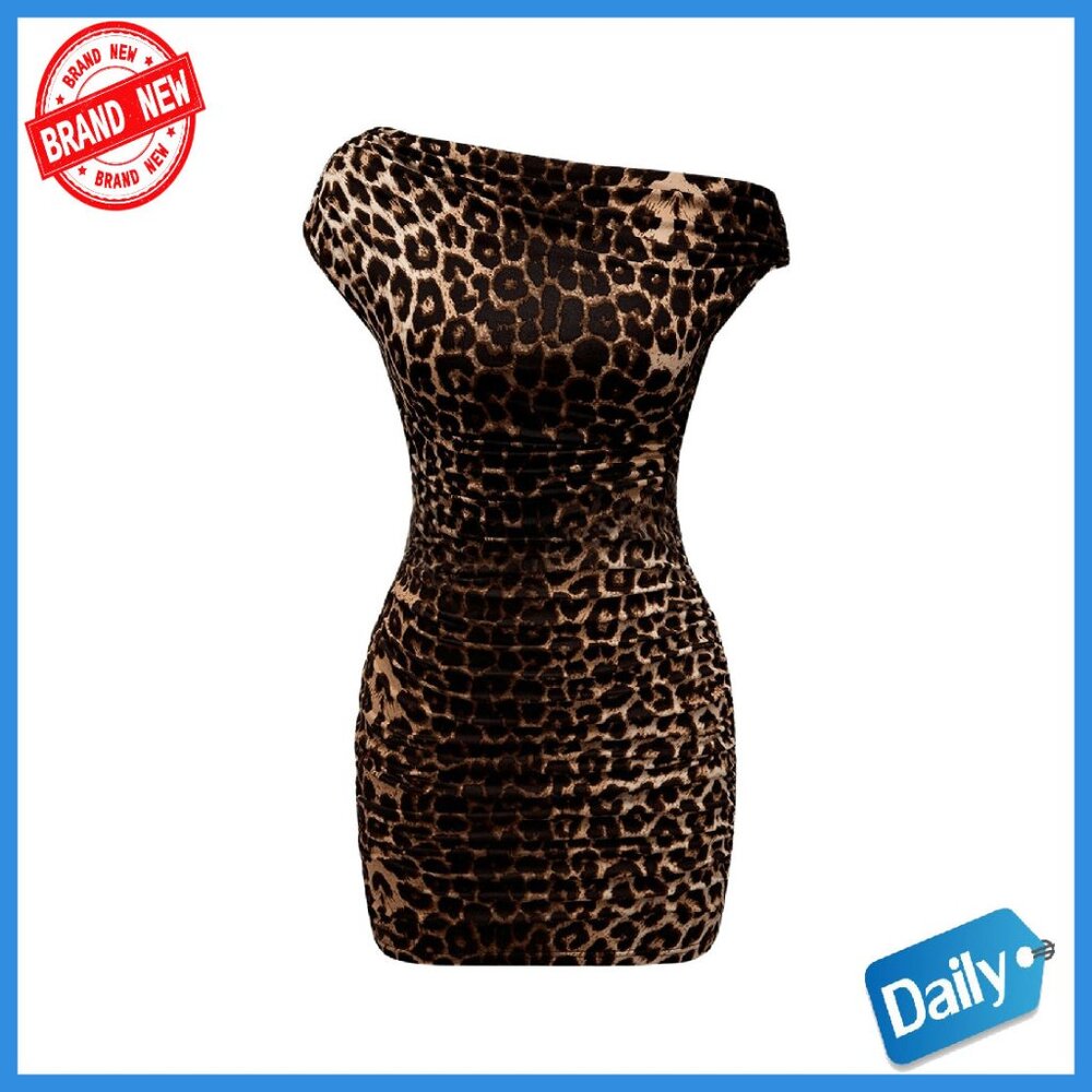 Leopard Print Asymmetrical Neck Pencil Dress Ruched Bodycon Mini